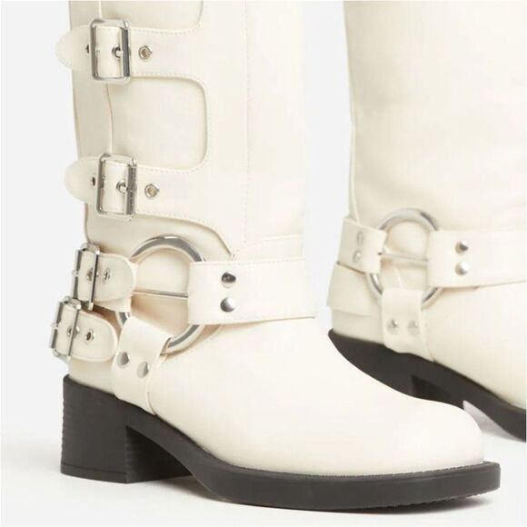CREAM WHITE MOTO COMBAT BIKER BUCKLE BOOTIES - Picture 3 of 6